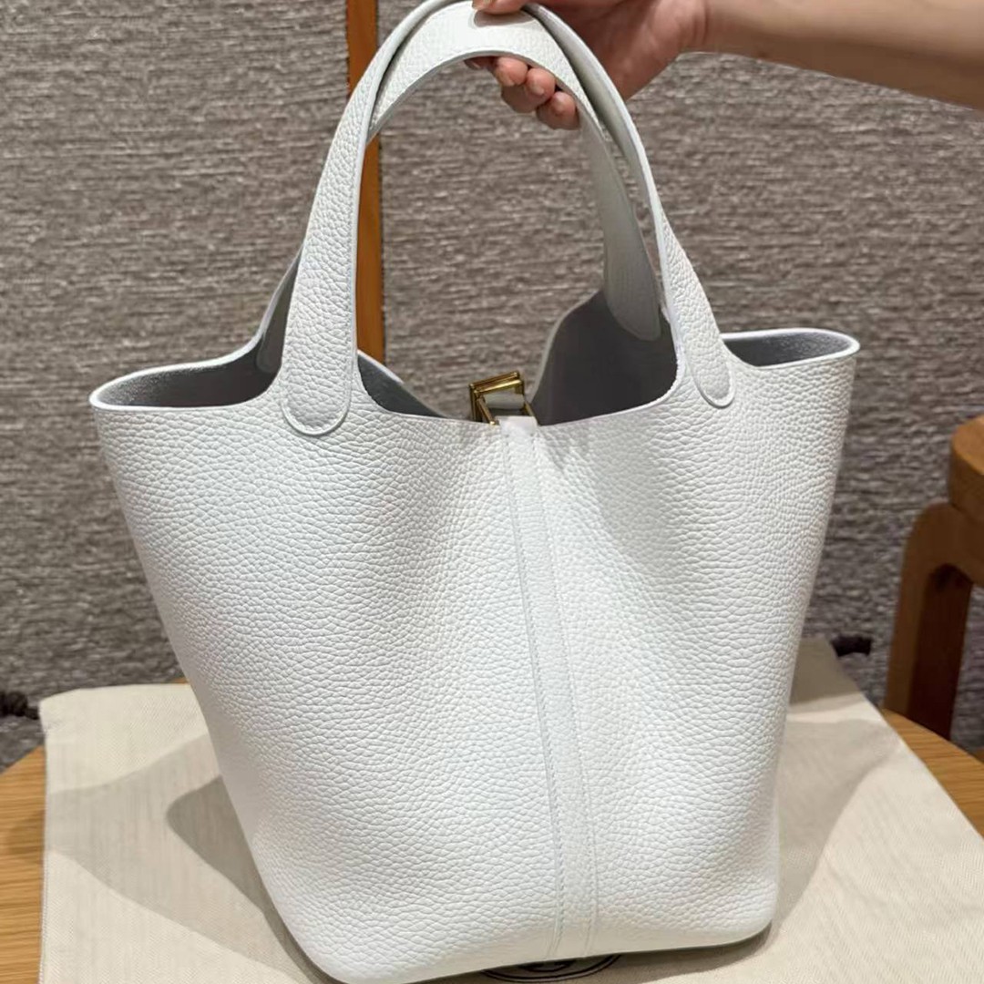 Hermes Picotin Lock 22 CM Bag Handmade In Taurillon Clemence Leather Gold Hardware 01 Blanc - Image 2