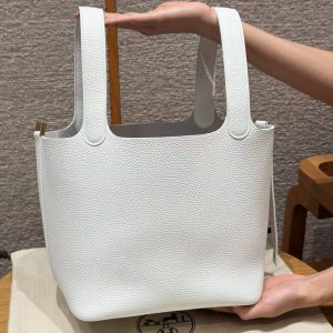 Hermes Picotin Lock 22 CM Bag Handmade In Taurillon Clemence Leather Gold Hardware 01 Blanc - Image 17