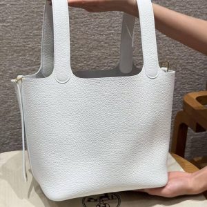 Hermes Picotin Lock 22 CM Bag Handmade In Taurillon Clemence Leather Gold Hardware 01 Blanc - Image 16