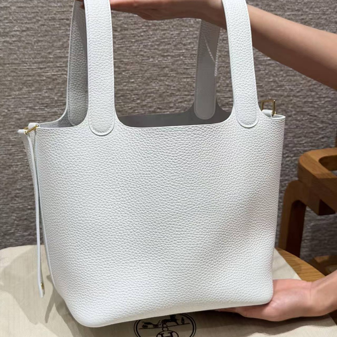 Hermes Picotin Lock 22 CM Bag Handmade In Taurillon Clemence Leather Gold Hardware 01 Blanc - Image 16