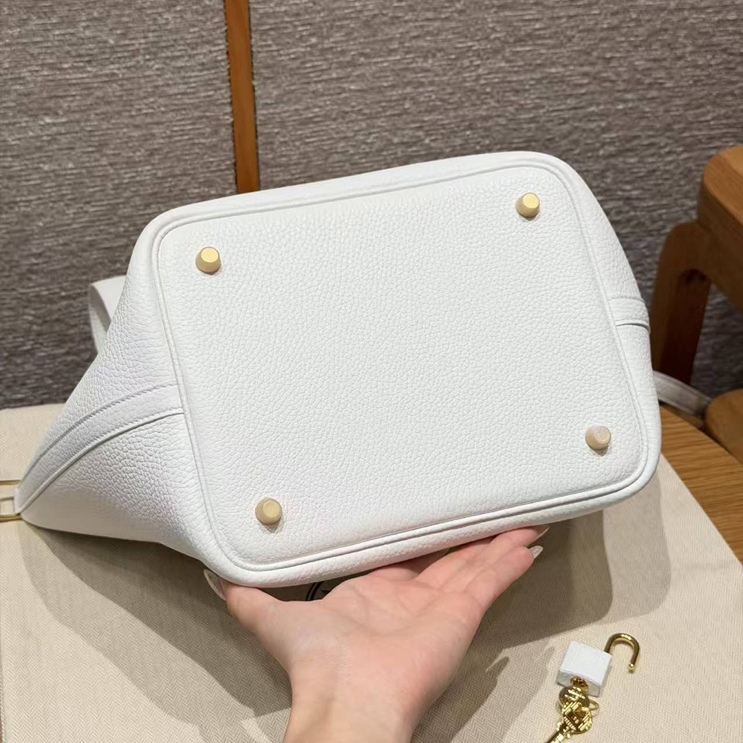 Hermes Picotin Lock 22 CM Bag Handmade In Taurillon Clemence Leather Gold Hardware 01 Blanc - Image 15