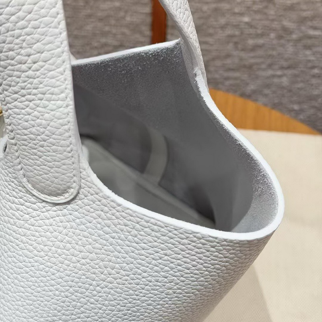 Hermes Picotin Lock 22 CM Bag Handmade In Taurillon Clemence Leather Gold Hardware 01 Blanc - Image 7