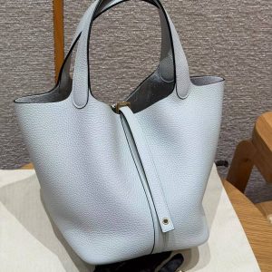 Hermes Picotin Lock 22 CM Bag Handmade In Taurillon Clemence Leather Gold Hardware 08 Blue Pale