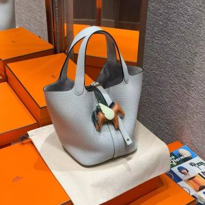Hermes Picotin Lock 22 CM Bag Handmade In Taurillon Clemence Leather Gold Hardware 08 Blue Pale - Image 8