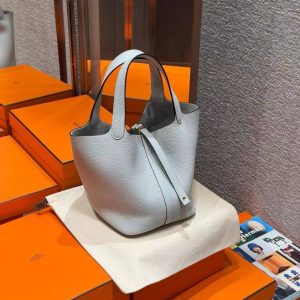 Hermes Picotin Lock 22 CM Bag Handmade In Taurillon Clemence Leather Gold Hardware 08 Blue Pale - Image 7