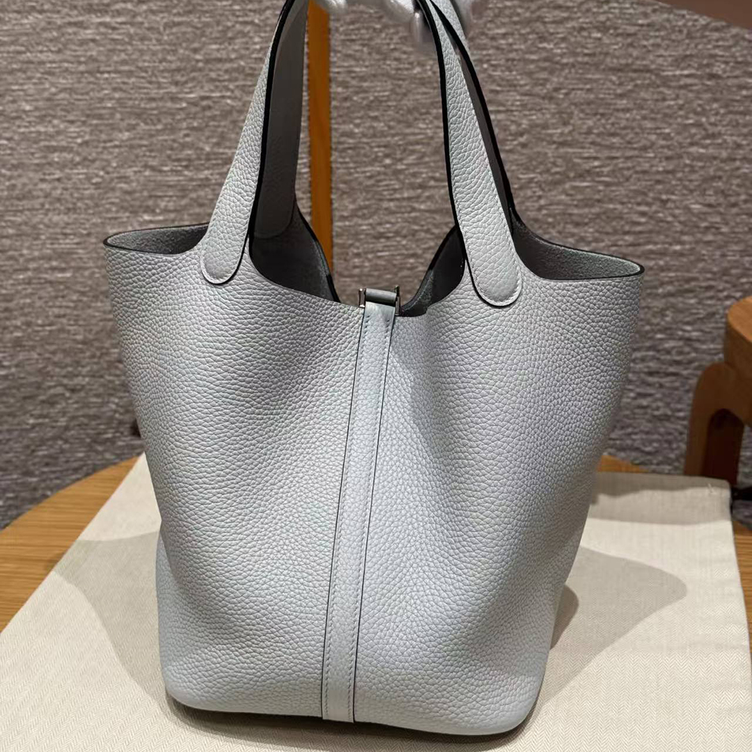 Hermes Picotin Lock 22 CM Bag Handmade In Taurillon Clemence Leather Silver Hardware 08 Blue Pale
