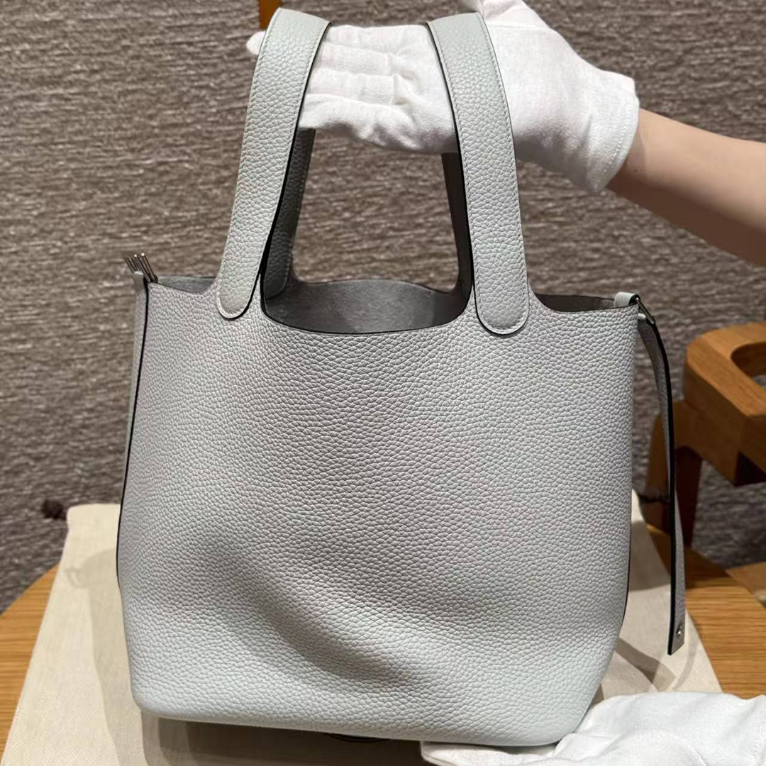 Hermes Picotin Lock 22 CM Bag Handmade In Taurillon Clemence Leather Silver Hardware 08 Blue Pale - Image 15