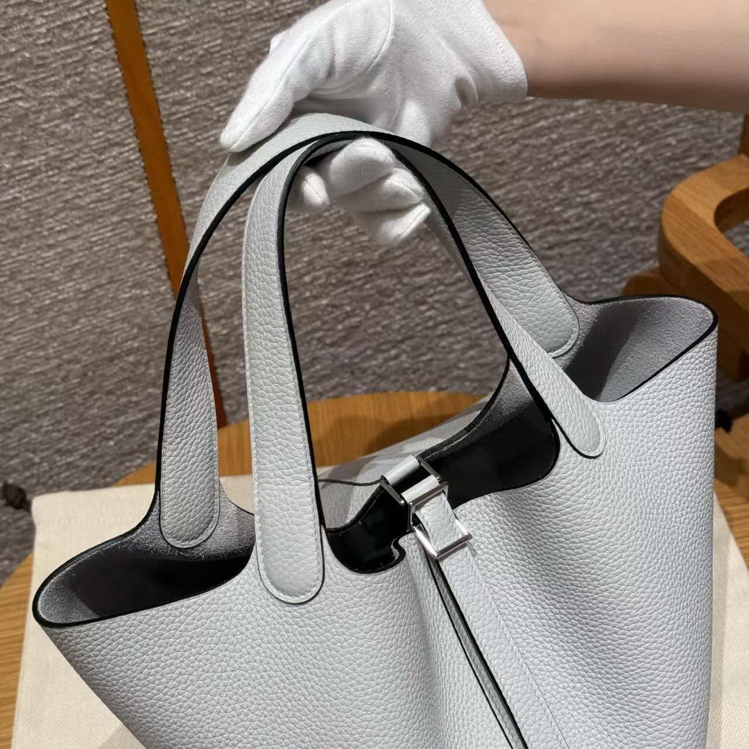 Hermes Picotin Lock 22 CM Bag Handmade In Taurillon Clemence Leather Silver Hardware 08 Blue Pale - Image 10