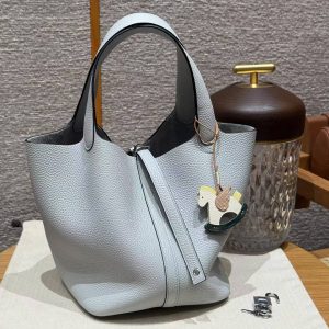 Hermes Picotin Lock 22 CM Bag Handmade In Taurillon Clemence Leather Silver Hardware 08 Blue Pale - Image 3