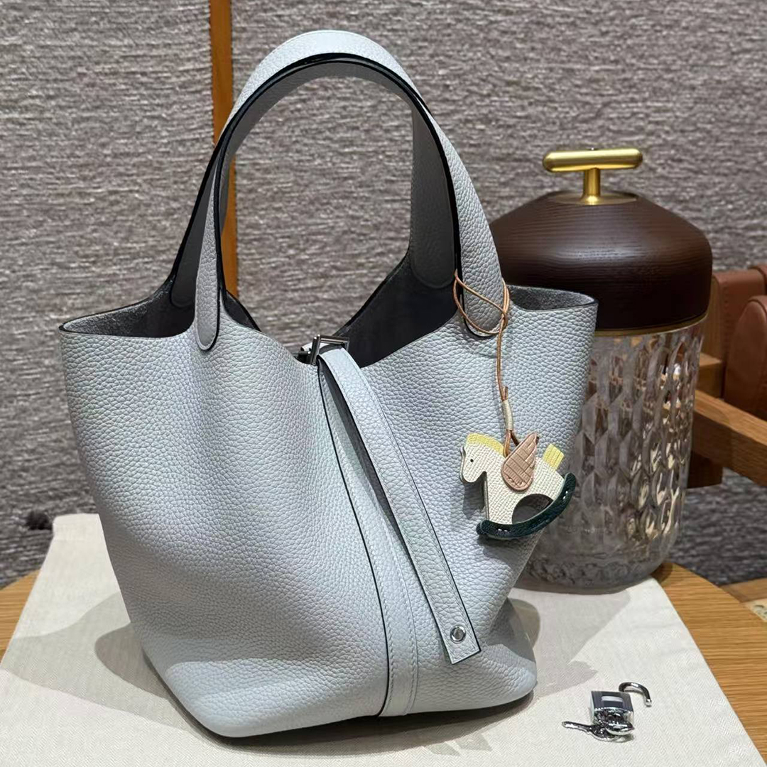 Hermes Picotin Lock 22 CM Bag Handmade In Taurillon Clemence Leather Silver Hardware 08 Blue Pale - Image 3