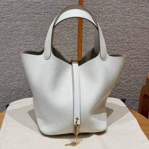 Hermes Picotin Lock 22 CM Bag Handmade In Taurillon Clemence Leather Gold Hardware 0T Mushroom