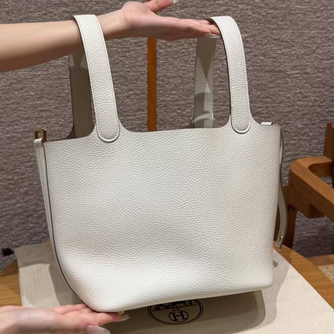 Hermes Picotin Lock 22 CM Bag Handmade In Taurillon Clemence Leather Gold Hardware 0T Mushroom - Image 14