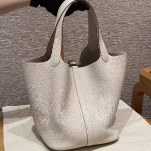 Hermes Picotin Lock 22 CM Bag Handmade In Taurillon Clemence Leather Gold Hardware 10 Craie - Image 2