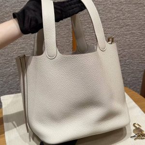 Hermes Picotin Lock 22 CM Bag Handmade In Taurillon Clemence Leather Gold Hardware 10 Craie - Image 16