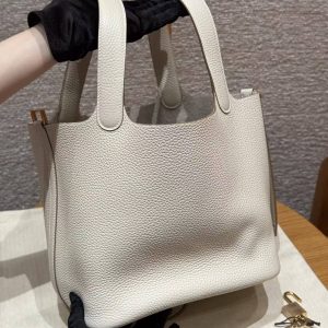Hermes Picotin Lock 22 CM Bag Handmade In Taurillon Clemence Leather Gold Hardware 10 Craie - Image 15