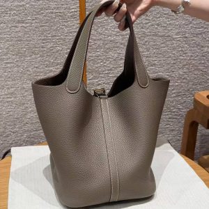 Hermes Picotin Lock 22 CM Bag Handmade In Taurillon Clemence Leather Gold Hardware 18 Etoupe - Image 2