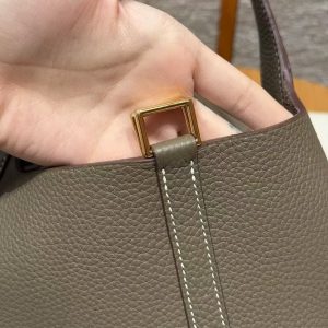 Hermes Picotin Lock 22 CM Bag Handmade In Taurillon Clemence Leather Gold Hardware 18 Etoupe - Image 7