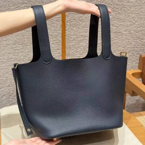 Hermes Picotin Lock 22 CM Bag Handmade In Taurillon Clemence Leather Gold Hardware 2Z Blue Nuit - Image 18