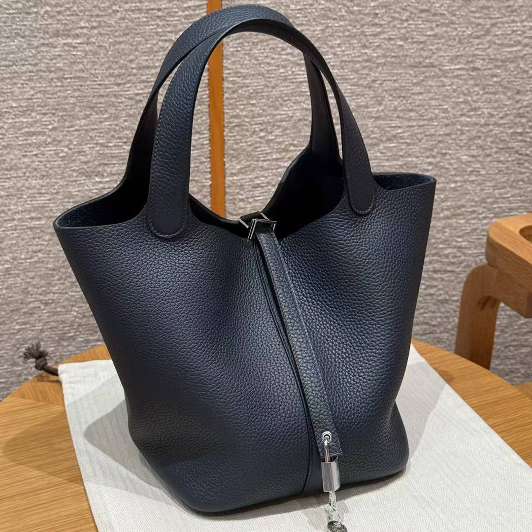 Hermes Picotin Lock 22 CM Bag Handmade In Taurillon Clemence Leather Silver Hardware 2Z Blue Nuit