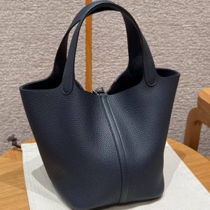 Hermes Picotin Lock 22 CM Bag Handmade In Taurillon Clemence Leather Silver Hardware 2Z Blue Nuit - Image 2