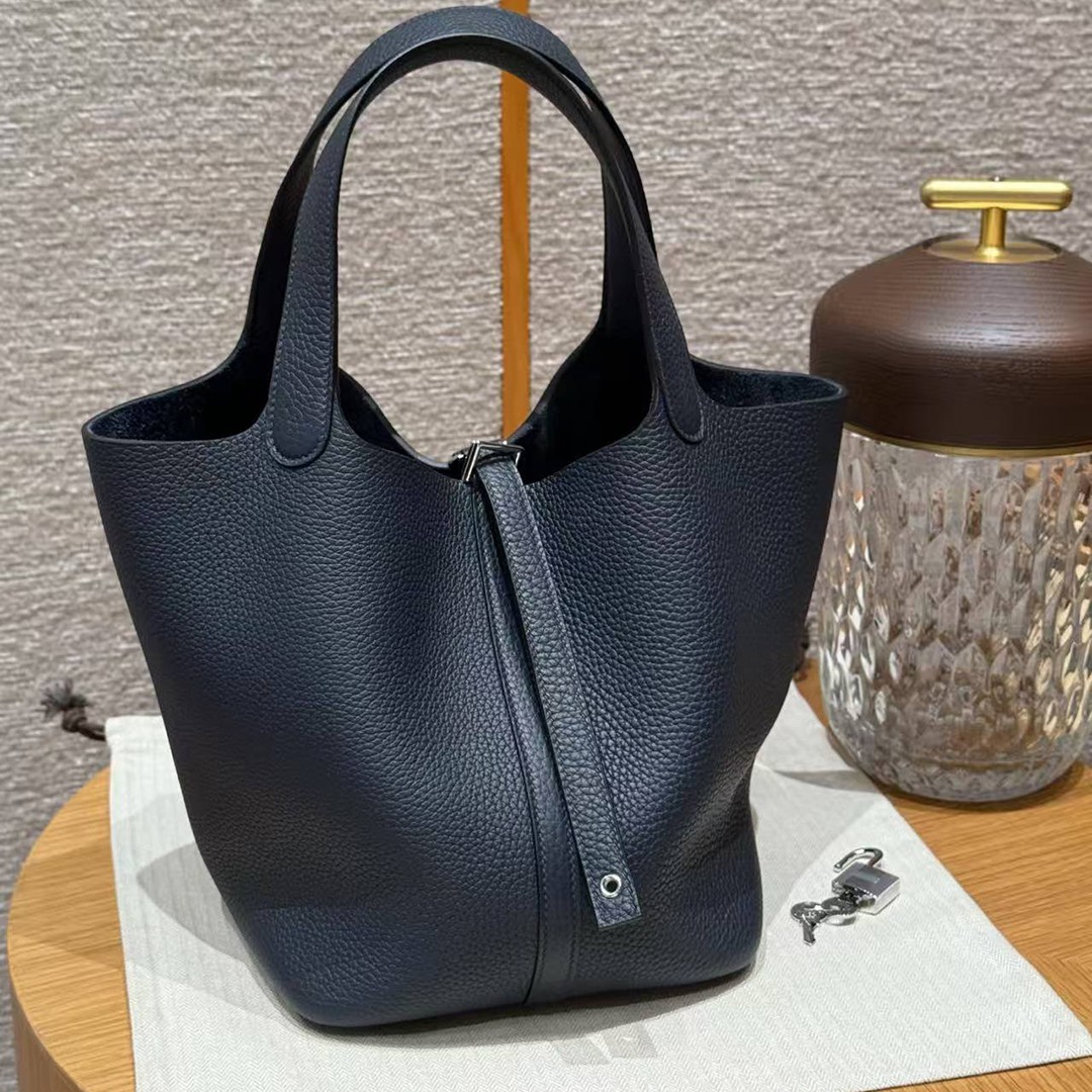 Hermes Picotin Lock 22 CM Bag Handmade In Taurillon Clemence Leather Silver Hardware 2Z Blue Nuit - Image 11