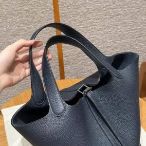 Hermes Picotin Lock 22 CM Bag Handmade In Taurillon Clemence Leather Silver Hardware 2Z Blue Nuit - Image 10