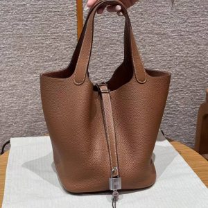Hermes Picotin Lock 22 CM Bag Handmade In Taurillon Clemence Leather Silver Hardware 37 Gold