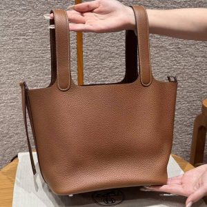 Hermes Picotin Lock 22 CM Bag Handmade In Taurillon Clemence Leather Silver Hardware 37 Gold - Image 17