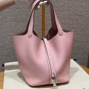 Hermes Picotin Lock 22 CM Bag Handmade In Taurillon Clemence Leather Silver Hardware 3Q Rose Sakura