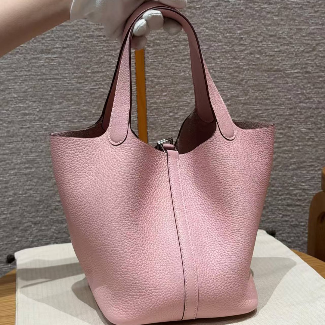 Hermes Picotin Lock 22 CM Bag Handmade In Taurillon Clemence Leather Silver Hardware 3Q Rose Sakura - Image 2