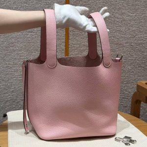 Hermes Picotin Lock 22 CM Bag Handmade In Taurillon Clemence Leather Silver Hardware 3Q Rose Sakura - Image 16