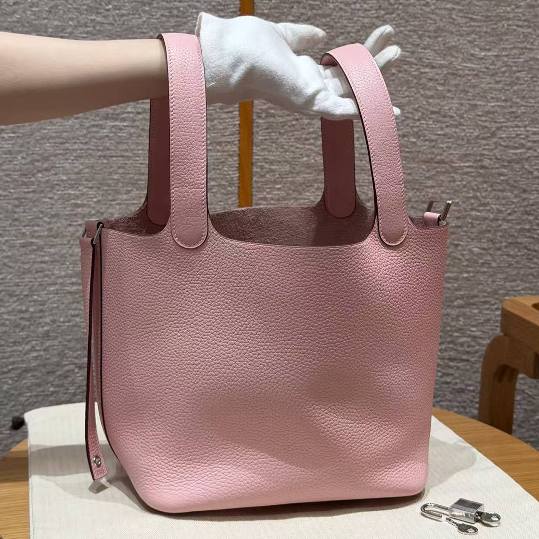 Hermes Picotin Lock 22 CM Bag Handmade In Taurillon Clemence Leather Silver Hardware 3Q Rose Sakura - Image 16