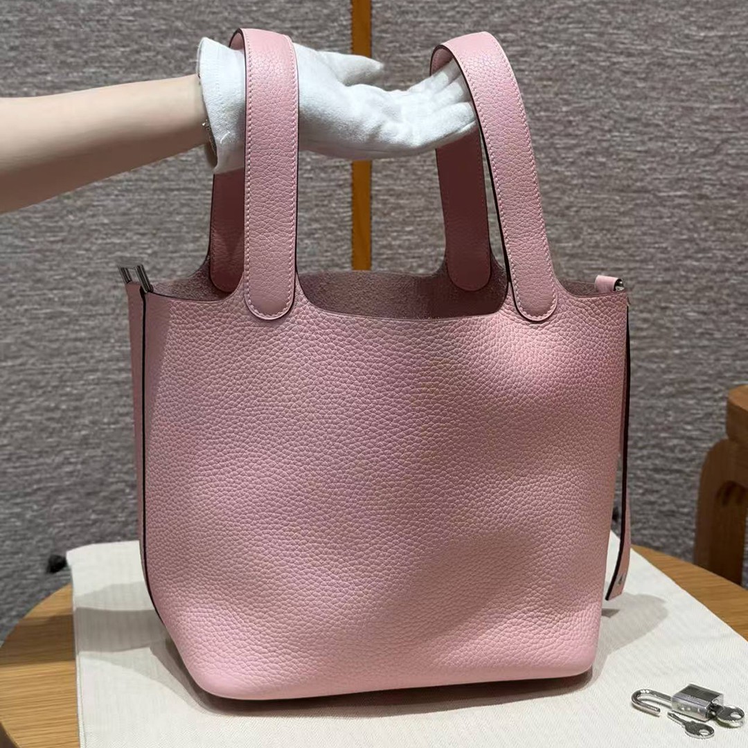 Hermes Picotin Lock 22 CM Bag Handmade In Taurillon Clemence Leather Silver Hardware 3Q Rose Sakura - Image 15