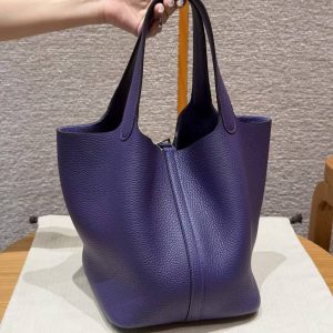 Hermes Picotin Lock 22 CM Bag Handmade In Taurillon Clemence Leather Silver Hardware 3W Prunoir - Image 2