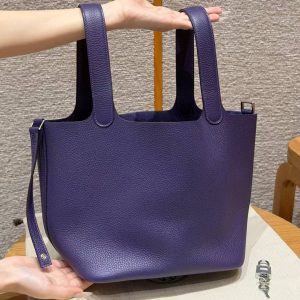 Hermes Picotin Lock 22 CM Bag Handmade In Taurillon Clemence Leather Silver Hardware 3W Prunoir - Image 14