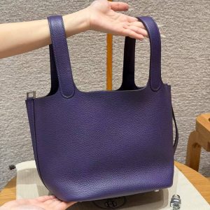Hermes Picotin Lock 22 CM Bag Handmade In Taurillon Clemence Leather Silver Hardware 3W Prunoir - Image 13