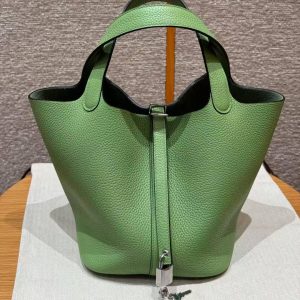 Hermes Picotin Lock 22 CM Bag Handmade In Taurillon Clemence Leather Silver Hardware 3i Vert Criquet
