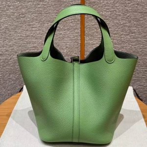 Hermes Picotin Lock 22 CM Bag Handmade In Taurillon Clemence Leather Silver Hardware 3i Vert Criquet - Image 2
