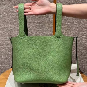 Hermes Picotin Lock 22 CM Bag Handmade In Taurillon Clemence Leather Silver Hardware 3i Vert Criquet - Image 10