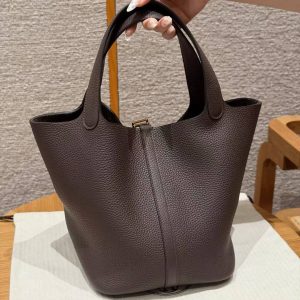 Hermes Picotin Lock 22 CM Bag Handmade In Taurillon Clemence Leather Gold Hardware 47 Chocolate - Image 2