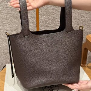 Hermes Picotin Lock 22 CM Bag Handmade In Taurillon Clemence Leather Gold Hardware 47 Chocolate - Image 14