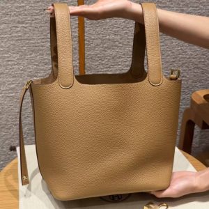 Hermes Picotin Lock 22 CM Bag Handmade In Taurillon Clemence Leather Gold Hardware 4B Biscuit - Image 15