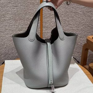 Hermes Picotin Lock 22 CM Bag Handmade In Taurillon Clemence Leather Silver Hardware 4Z Gris Mouette