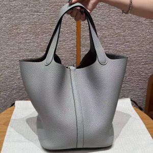 Hermes Picotin Lock 22 CM Bag Handmade In Taurillon Clemence Leather Silver Hardware 4Z Gris Mouette - Image 2