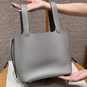 Hermes Picotin Lock 22 CM Bag Handmade In Taurillon Clemence Leather Silver Hardware 4Z Gris Mouette - Image 16