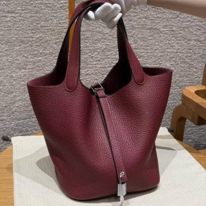 Hermes Picotin Lock 22 CM Bag Handmade In Taurillon Clemence Leather Silver Hardware 57 Bordeaux