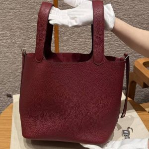 Hermes Picotin Lock 22 CM Bag Handmade In Taurillon Clemence Leather Silver Hardware 57 Bordeaux - Image 16