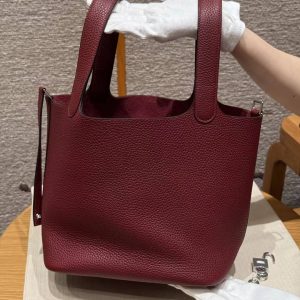 Hermes Picotin Lock 22 CM Bag Handmade In Taurillon Clemence Leather Silver Hardware 57 Bordeaux - Image 15