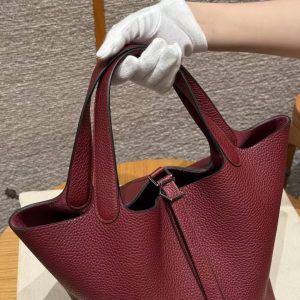 Hermes Picotin Lock 22 CM Bag Handmade In Taurillon Clemence Leather Silver Hardware 57 Bordeaux - Image 10