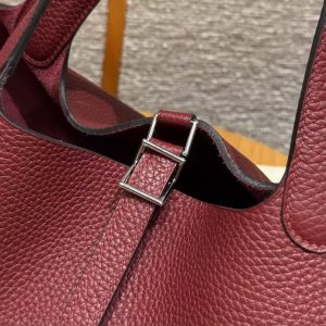 Hermes Picotin Lock 22 CM Bag Handmade In Taurillon Clemence Leather Silver Hardware 57 Bordeaux - Image 9